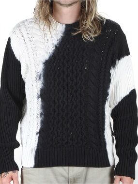 Stussy Black and White Fisherman Cable-Knit Crewneck Sweater Tie Dye